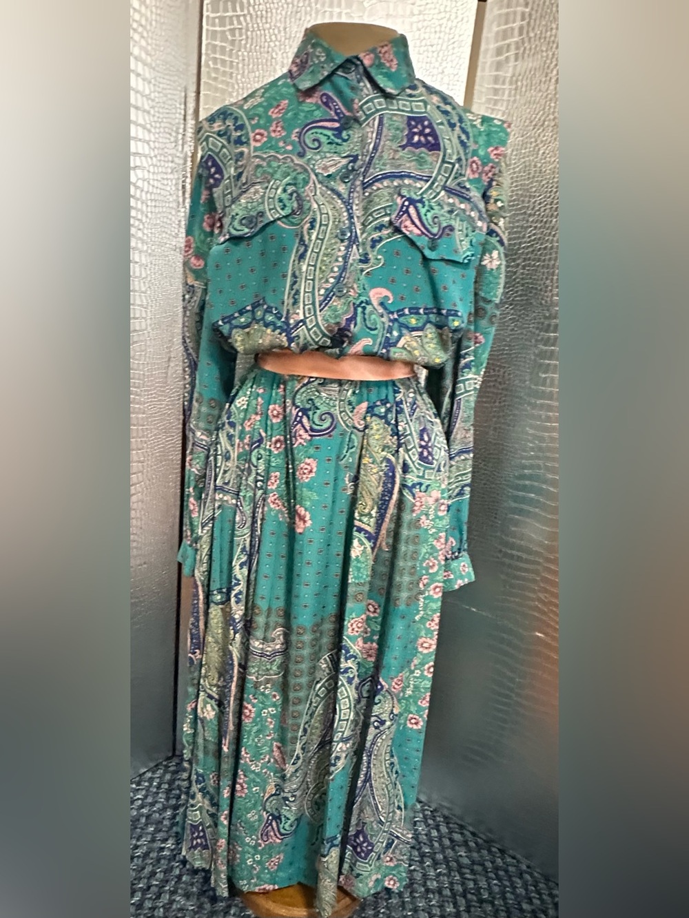 Leslie Fay Vintage Teal Floral Paisley Dress with Peach Ribbon Belt
